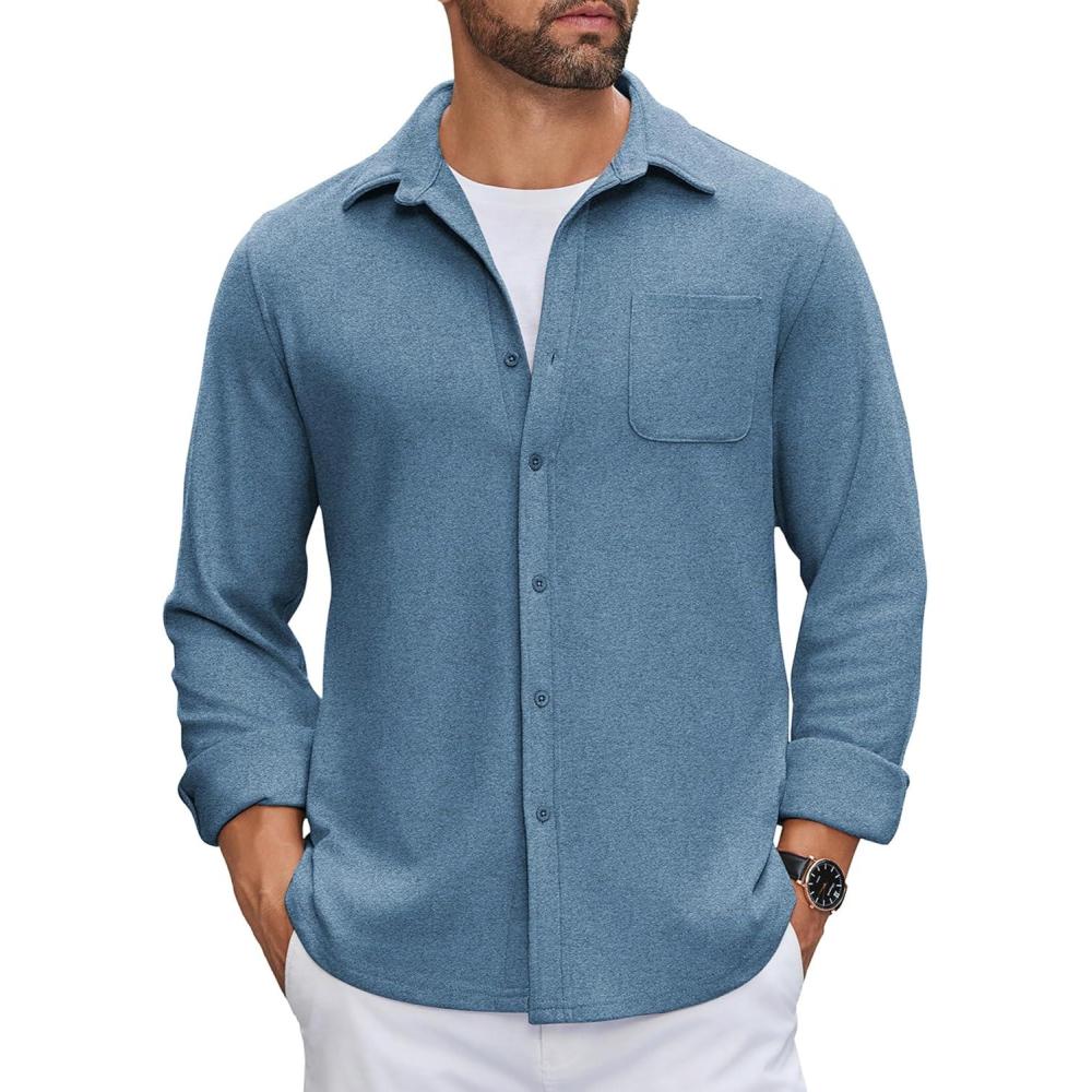 imageCOOFANDY Mens Flannel Shirts Long Sleeve Thermal Button Down Shirt Shacket Lightweight JacketBlue