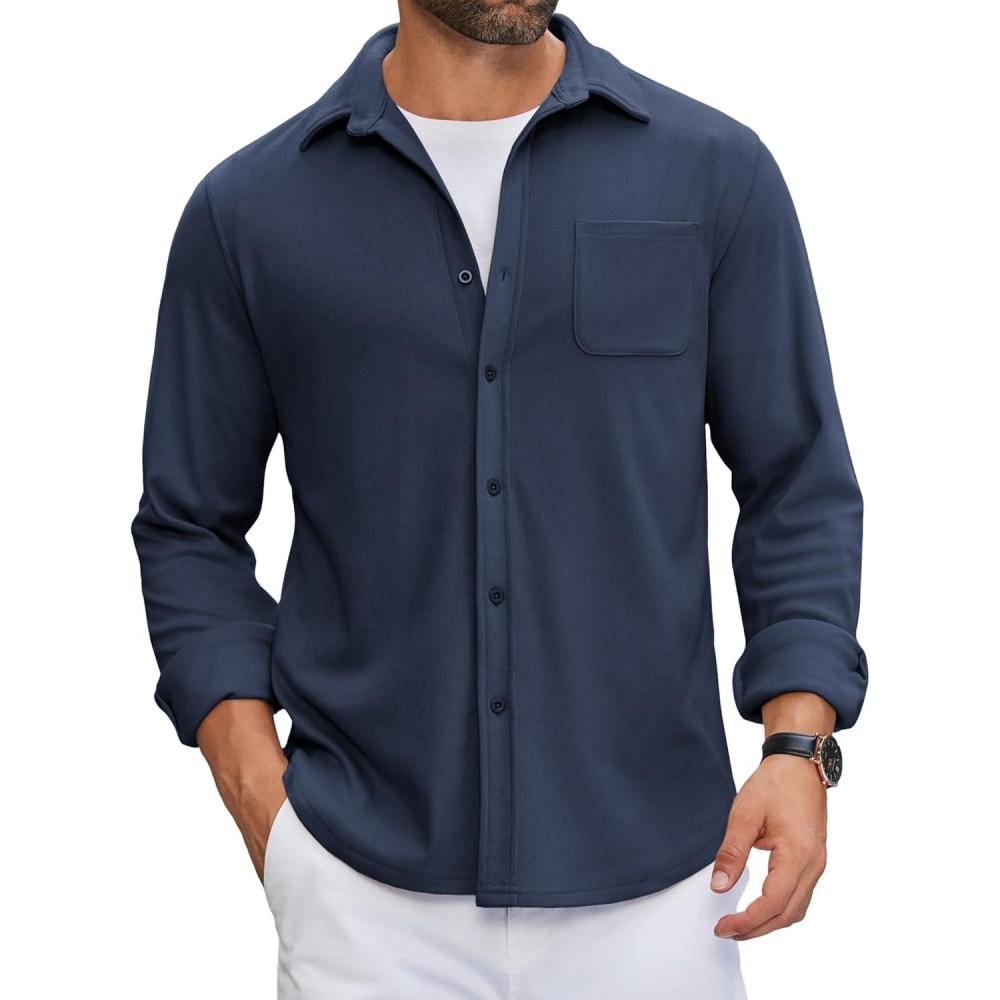 imageCOOFANDY Mens Flannel Shirts Long Sleeve Thermal Button Down Shirt Shacket Lightweight JacketDark Blue