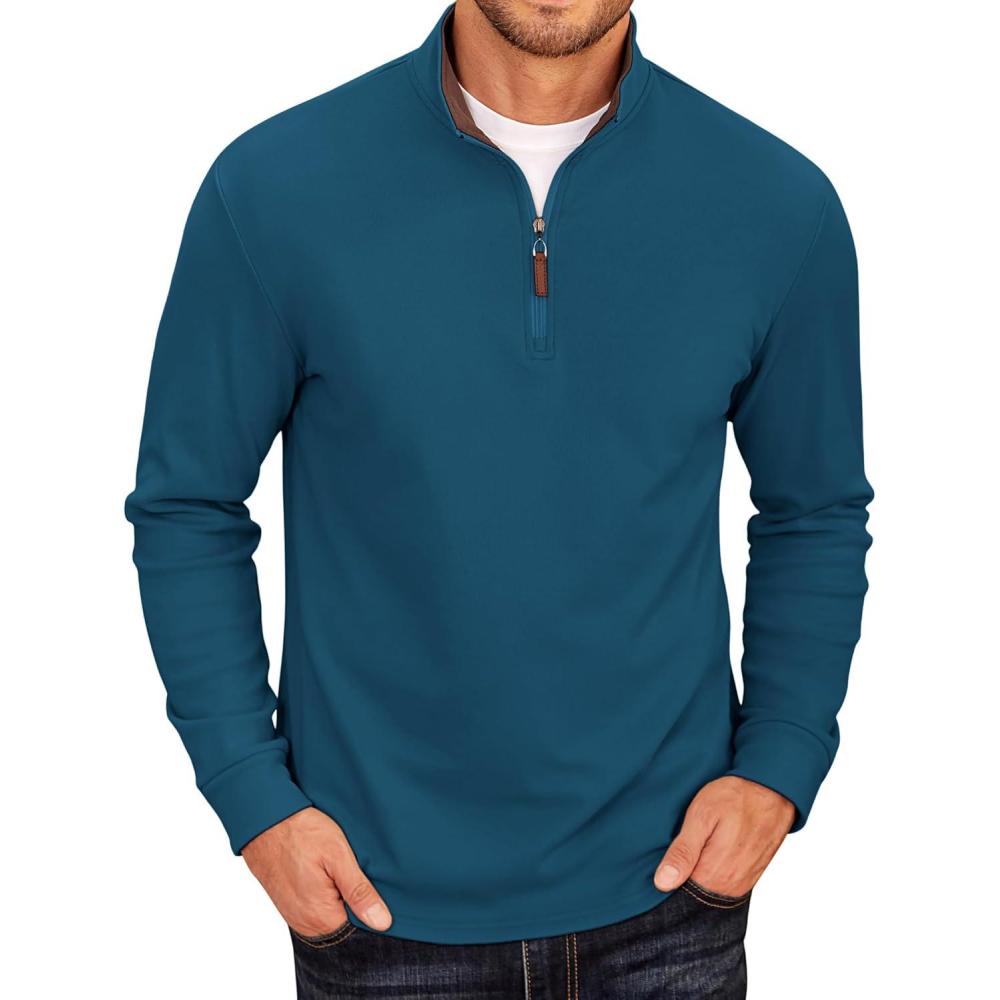 imageCOOFANDY Mens Fleece Quarter Zip Pullover Long Sleeve Mock Neck SweatshirtDark Blue