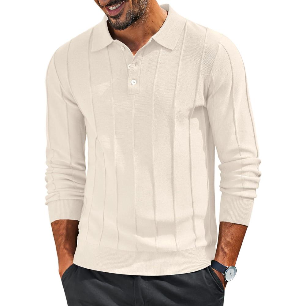 imageCOOFANDY Mens Knit Long Sleeve Polo Sweater Business Casual Collared Golf Sweaters Ribbed Textured Activewear PolosCream White