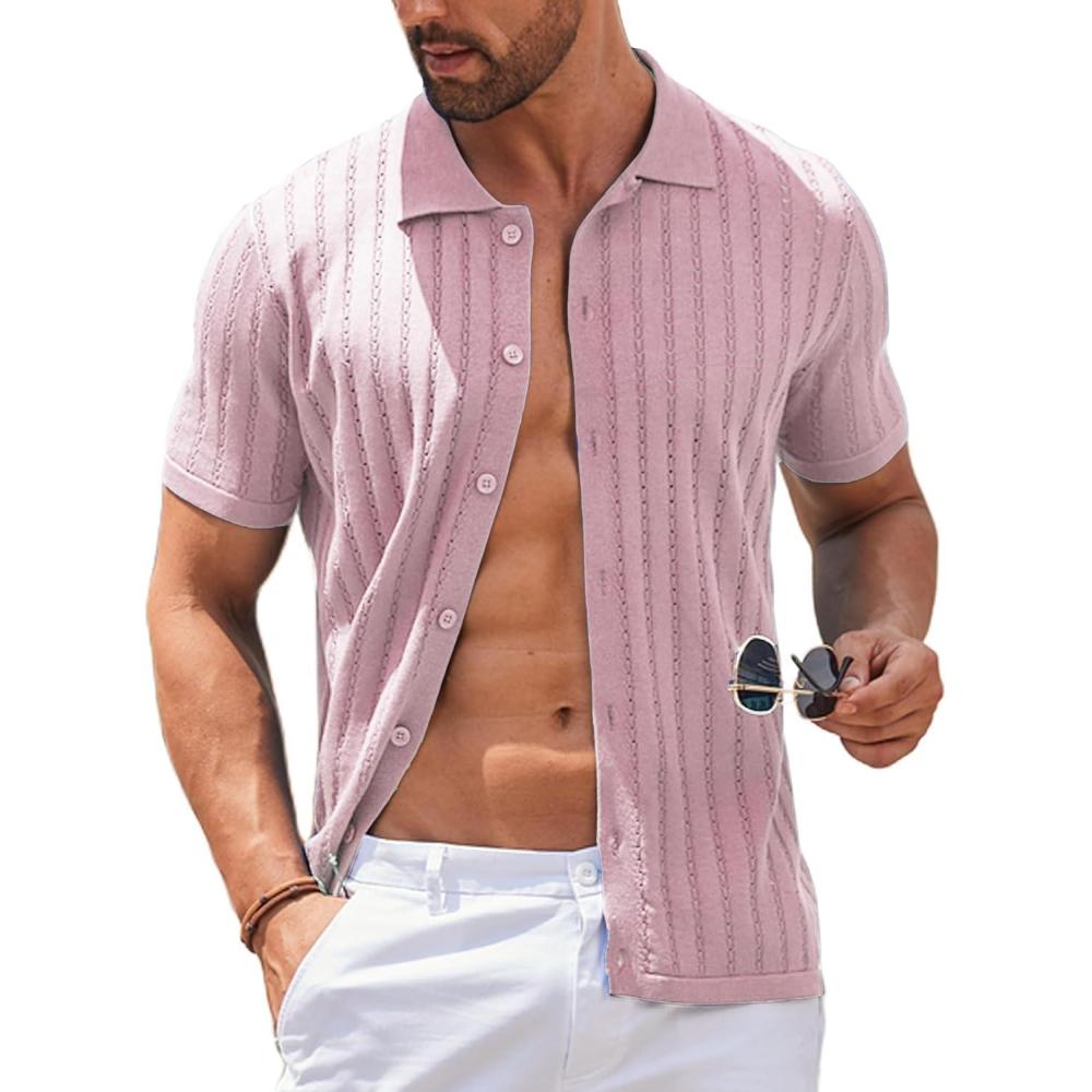 imageCOOFANDY Mens Knit Shirts Short Sleeve Button Down Polo Shirt Vintage Casual Summer Beach ShirtsLight Pink