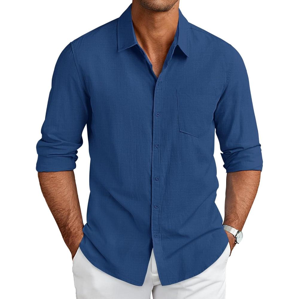 imageCOOFANDY Mens Long Sleeve Buttons Down Shirts Casual Button Up Shirts Beach Linen Shirt Untucked Dress ShirtNavy