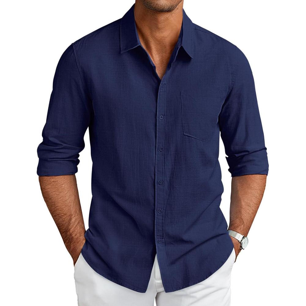 imageCOOFANDY Mens Long Sleeve Buttons Down Shirts Casual Button Up Shirts Beach Linen Shirt Untucked Dress ShirtNavy Blue