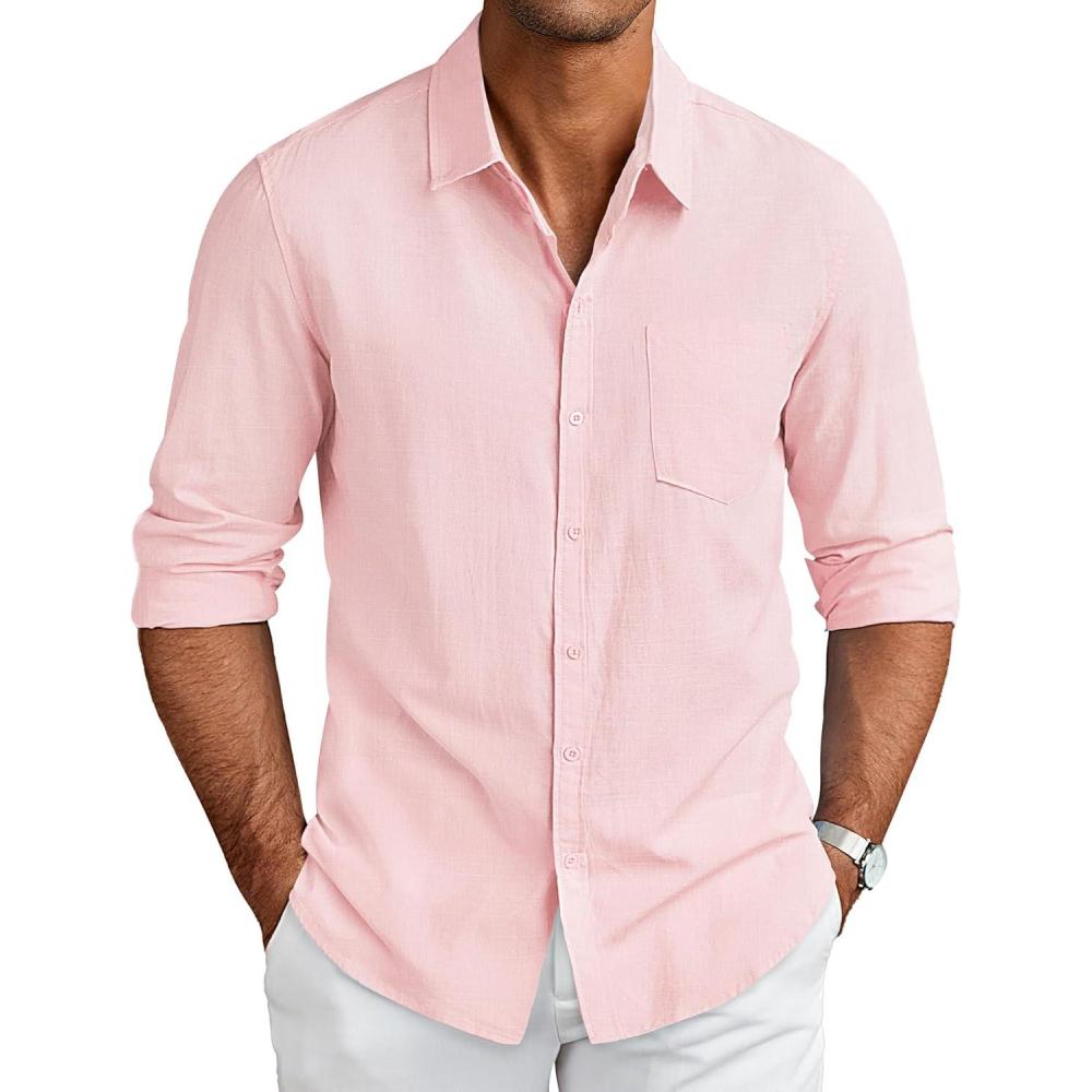 imageCOOFANDY Mens Long Sleeve Buttons Down Shirts Casual Button Up Shirts Beach Linen Shirt Untucked Dress ShirtPink