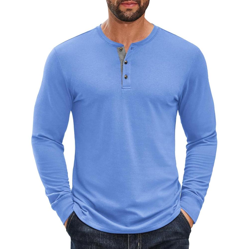 imageCOOFANDY Mens Long Sleeve Henley Shirts Cotton TShirts Casual Pullover Shirt Soft Stretch Basic Tees Fall TopsLight Blue