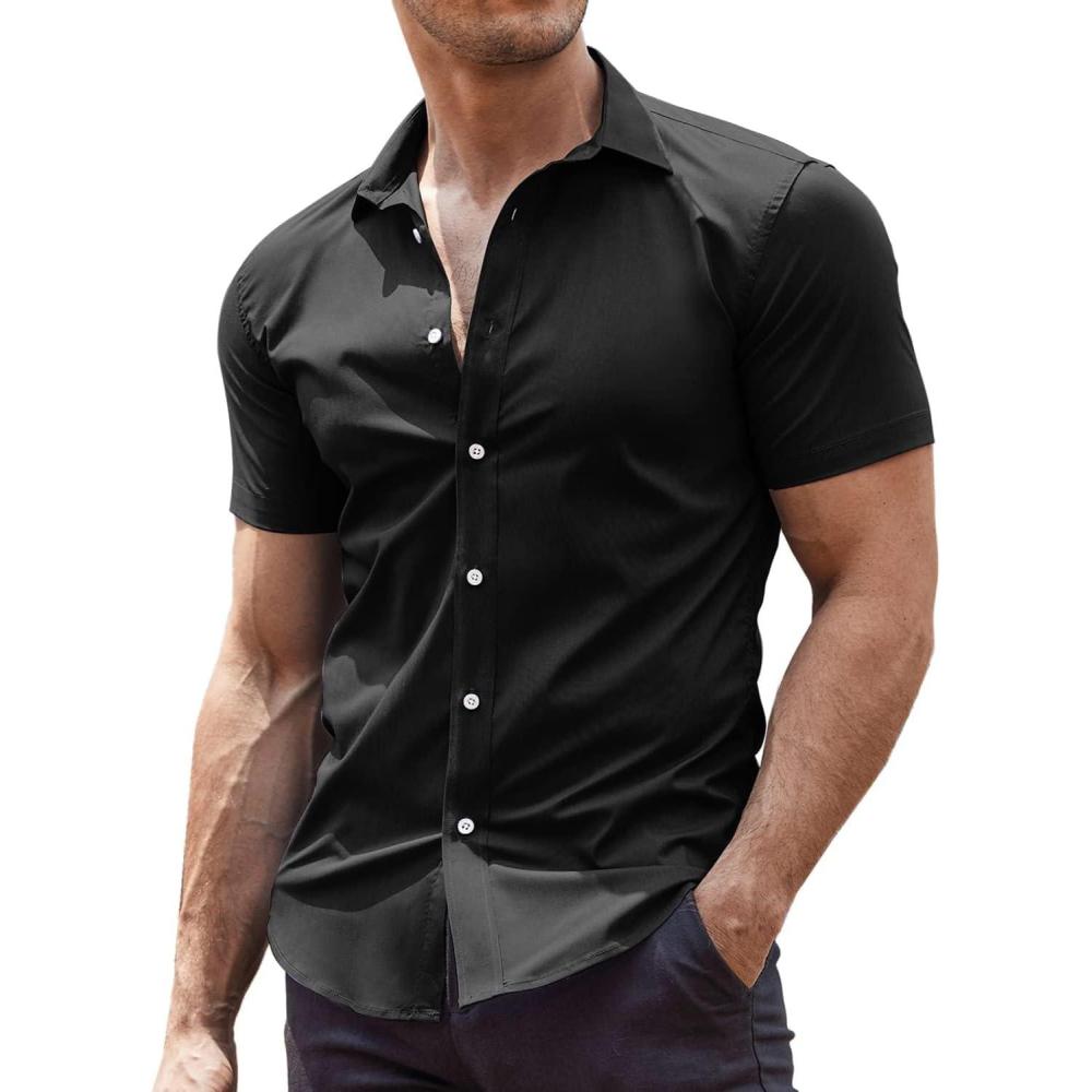 imageCOOFANDY Mens Muscle Fit Dress Shirts WrinkleFree Short Sleeve Casual Button Down ShirtBlack