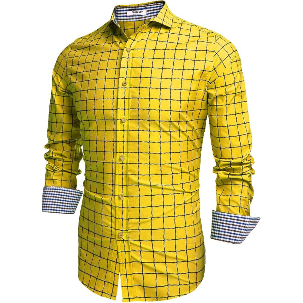 imageCOOFANDY Mens Plaid Dress Shirt Long Sleeve Business Casual Regular Fit Button Down ShirtsGold Yellow