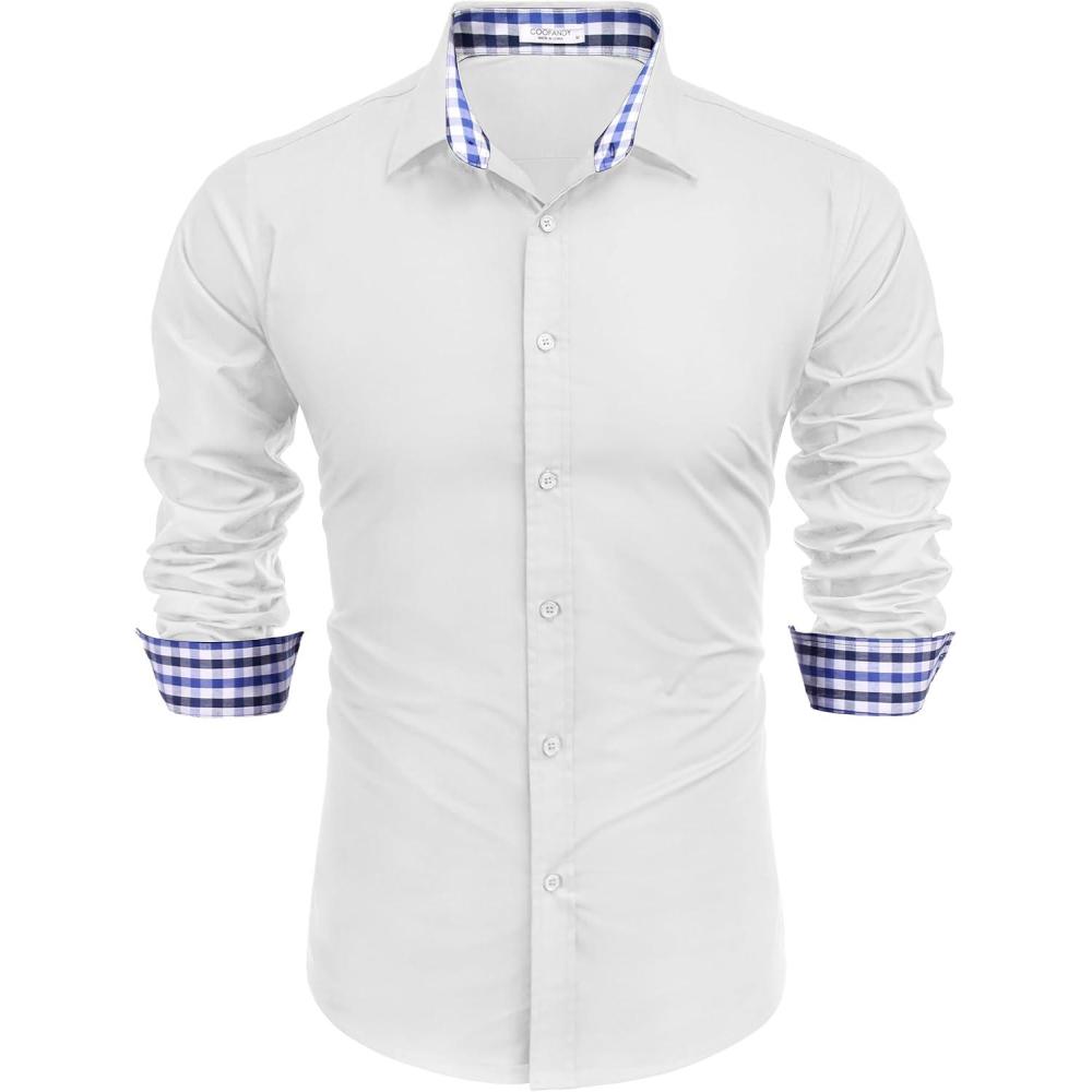 imageCOOFANDY Mens Plaid Dress Shirt Long Sleeve Business Casual Regular Fit Button Down ShirtsPure White