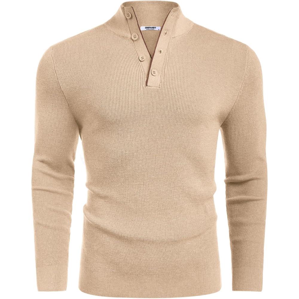 imageCOOFANDY Mens Quarter Button Sweater Mock Neck Textured Knitted PulloverBeige