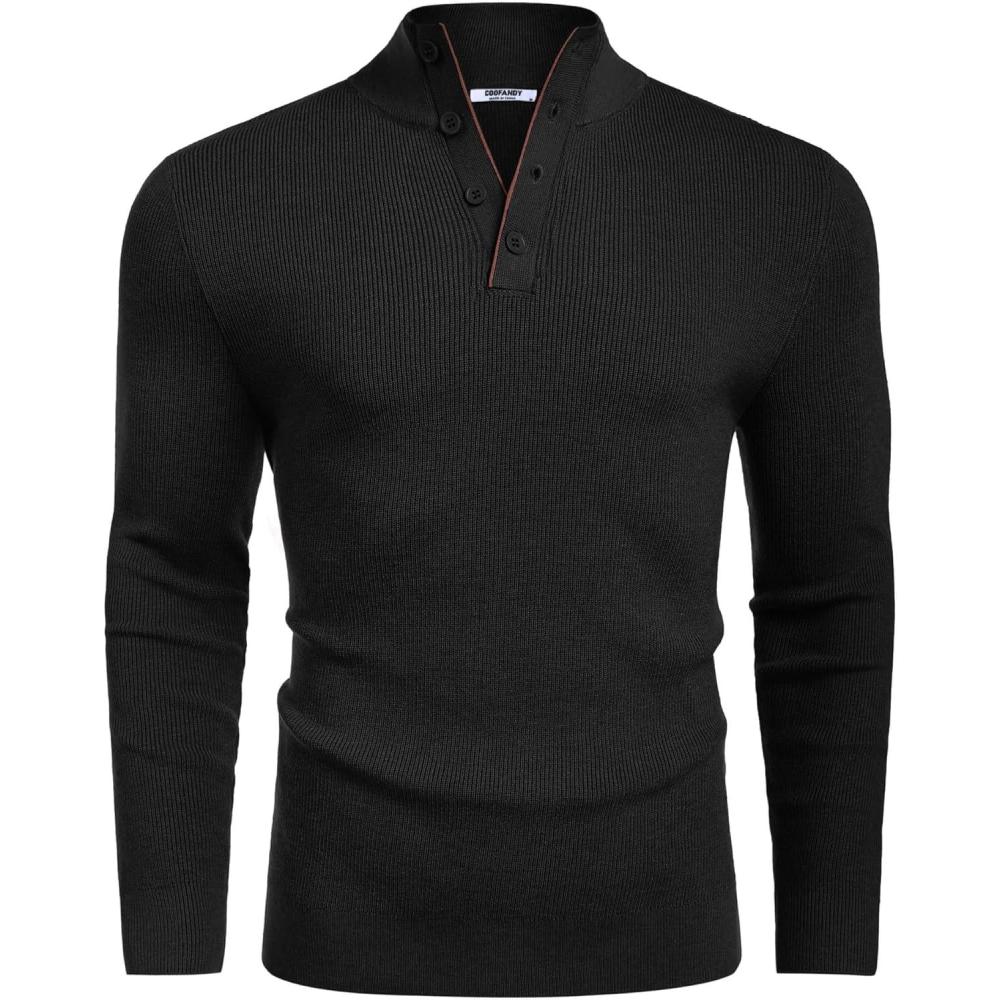 imageCOOFANDY Mens Quarter Button Sweater Mock Neck Textured Knitted PulloverBlack