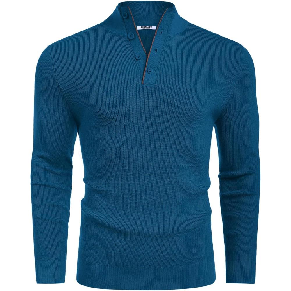 imageCOOFANDY Mens Quarter Button Sweater Mock Neck Textured Knitted PulloverDark Blue