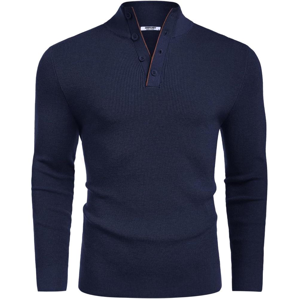 imageCOOFANDY Mens Quarter Button Sweater Mock Neck Textured Knitted PulloverNavy Blue
