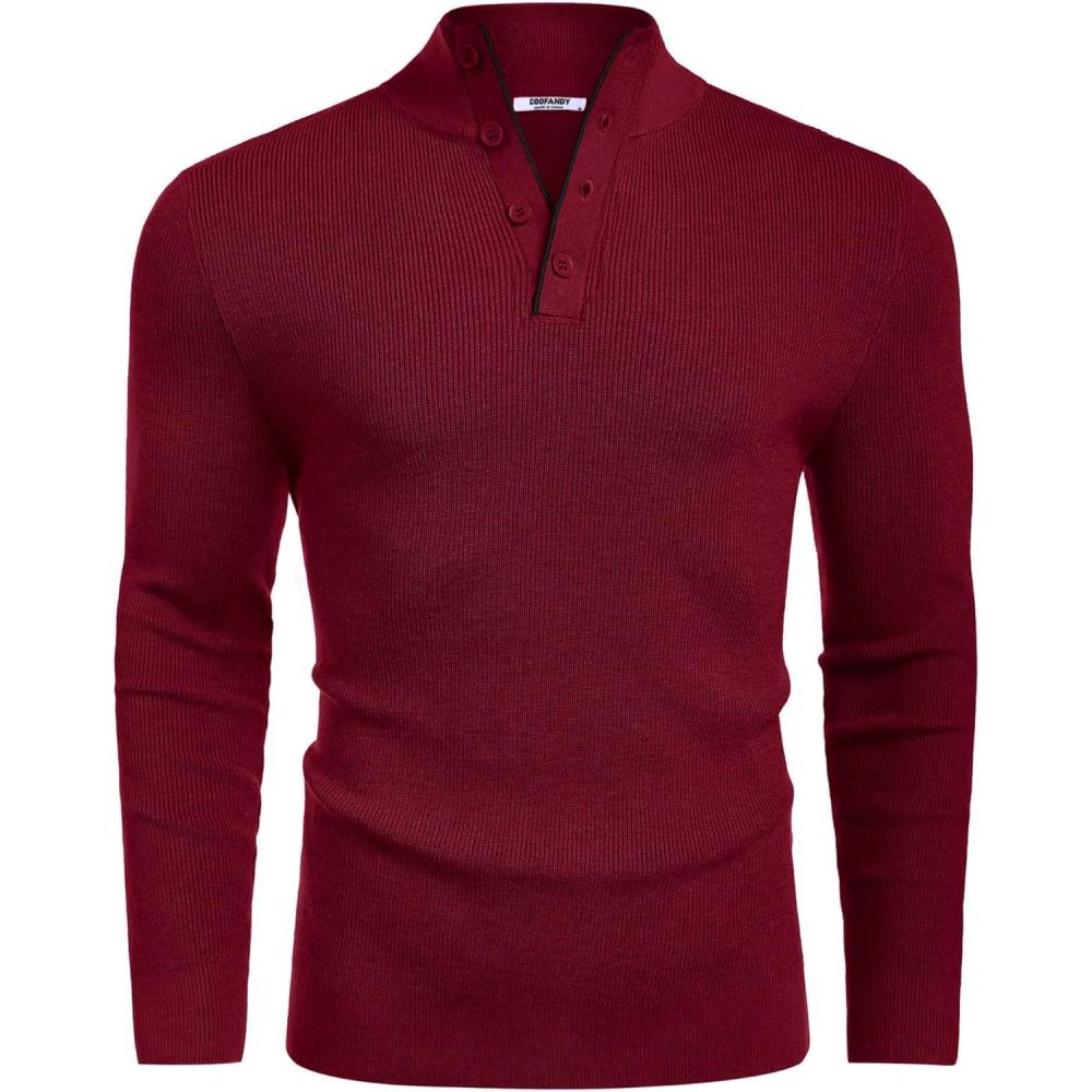 imageCOOFANDY Mens Quarter Button Sweater Mock Neck Textured Knitted PulloverWine Red