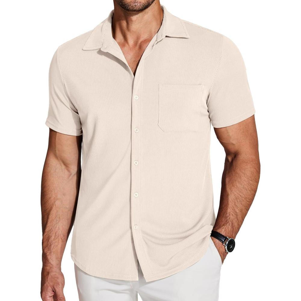 imageCOOFANDY Mens Ribbed Button Down Shirts Short Sleeve Casual Shirt with Pocket Summer Beach Camp TopsCream