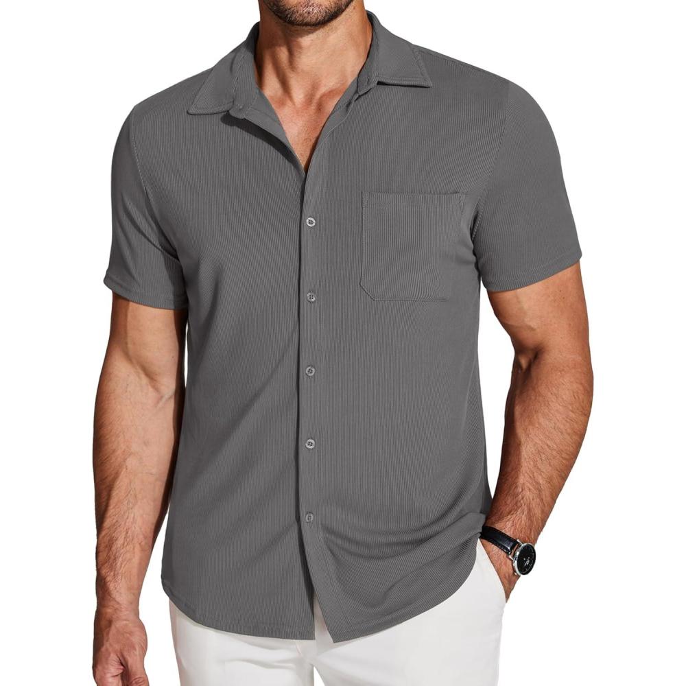 imageCOOFANDY Mens Ribbed Button Down Shirts Short Sleeve Casual Shirt with Pocket Summer Beach Camp TopsDark Grey