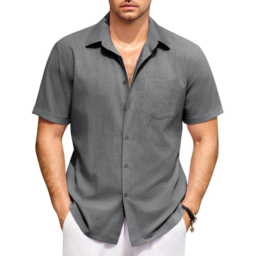 imageCOOFANDY Mens Short Sleeve Button Down Shirts Casual Cotton Beach Summer Linen Textured ShirtsDark Grey