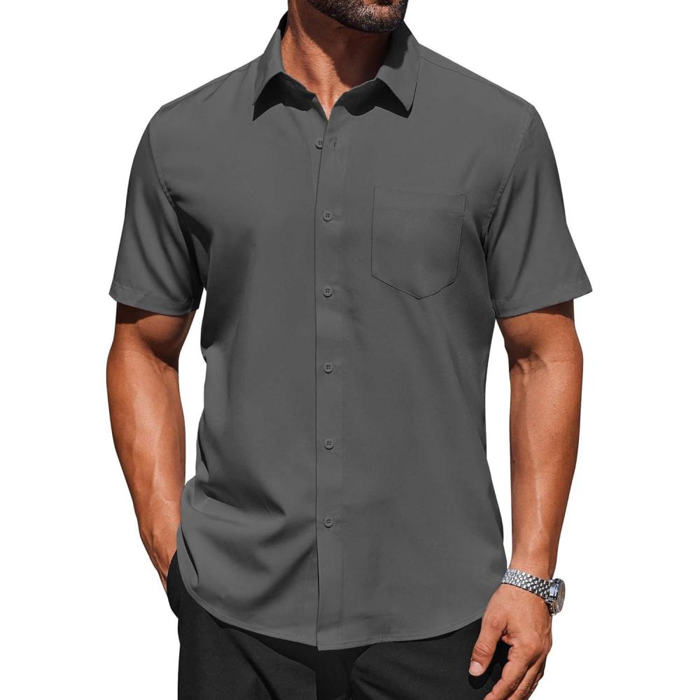imageCOOFANDY Mens Short Sleeve Button Down Shirts Lightweight Stain Shield Business Casual Dress Shirt Wrinkle FreeDark Grey