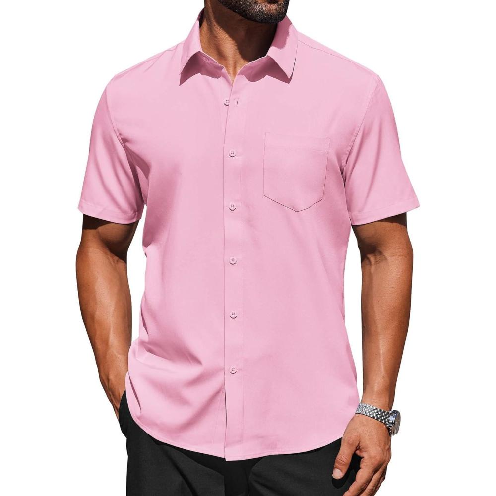 imageCOOFANDY Mens Short Sleeve Button Down Shirts Lightweight Stain Shield Business Casual Dress Shirt Wrinkle FreePink