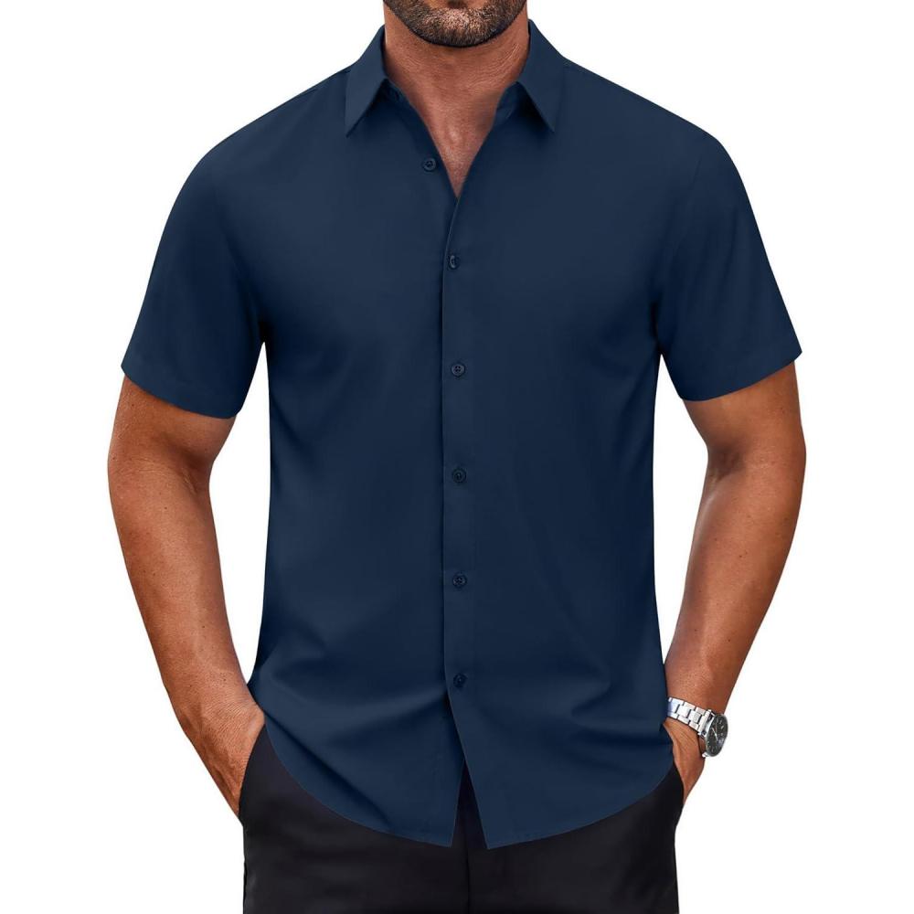 imageCOOFANDY Mens Short Sleeve Dress Shirts Wrinkle Free Casual Button Down Shirts Summer Untucked Dress ShirtNavy Blue