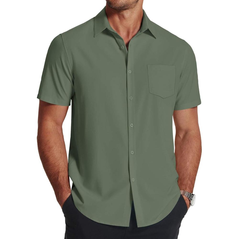 imageCOOFANDY Mens Short Sleeve Dress Shirts Wrinkle Free Regular Fit Dress Shirt Textured Casual Button Down ShirtsArmy Green