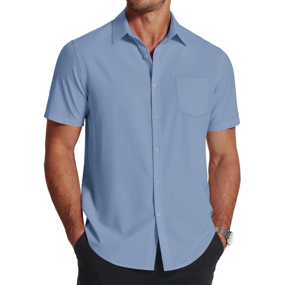 imageCOOFANDY Mens Short Sleeve Dress Shirts Wrinkle Free Regular Fit Dress Shirt Textured Casual Button Down ShirtsBlue