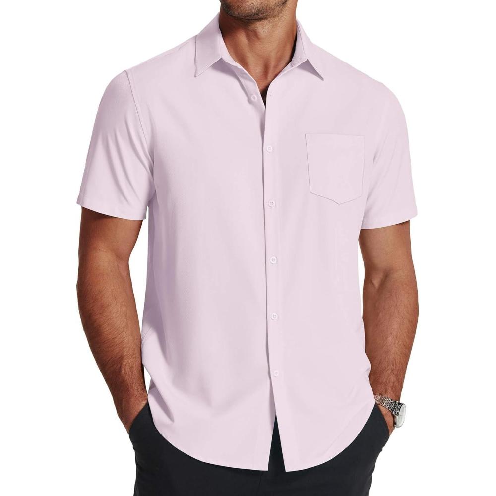 imageCOOFANDY Mens Short Sleeve Dress Shirts Wrinkle Free Regular Fit Dress Shirt Textured Casual Button Down ShirtsLavender