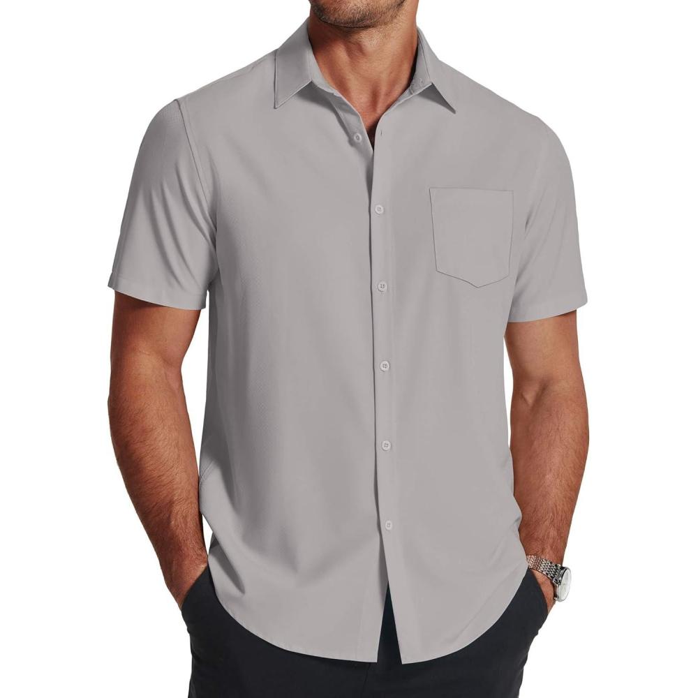 imageCOOFANDY Mens Short Sleeve Dress Shirts Wrinkle Free Regular Fit Dress Shirt Textured Casual Button Down ShirtsLight Grey