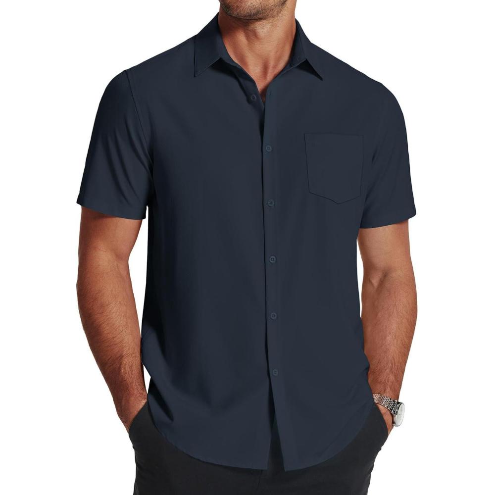 imageCOOFANDY Mens Short Sleeve Dress Shirts Wrinkle Free Regular Fit Dress Shirt Textured Casual Button Down ShirtsNavy Blue
