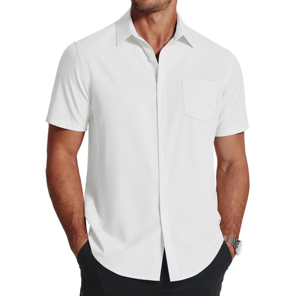 imageCOOFANDY Mens Short Sleeve Dress Shirts Wrinkle Free Regular Fit Dress Shirt Textured Casual Button Down ShirtsWhite