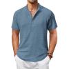 COOFANDY Men’s Casual Henley Shirt Short Sleeve Summer Shirts Linen Band Collar Summer Beach Hippie T-Shirts(Denim Blue)