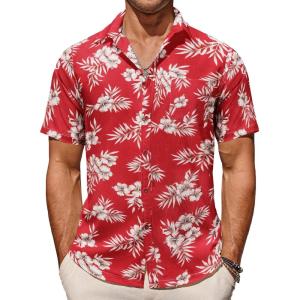 COOFANDY Button Down Short Sleeve Summer Casual Beach Shirts Shirt(Z-red Flower)