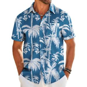 COOFANDY Hawaiian Shirts for Men Short Sleeve Casual Button Down Shirt Tropical Summer Beach Shirt(Blue-coconut Tree)