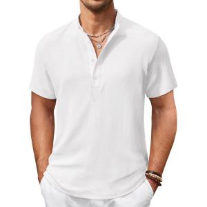 COOFANDY Men’s Casual Henley Shirt Short Sleeve Summer Shirts Linen Band Collar Summer Beach Hippie T-Shirts(01-white)