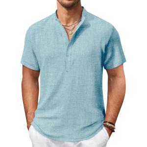 COOFANDY Men’s Casual Henley Shirt Short Sleeve Summer Shirts Linen Band Collar Summer Beach Hippie T-Shirts(Light Ice Blue)