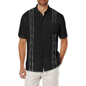 COOFANDY Mens Cuban Guayabera Shirt Short Sleeve Linen Button Down Shirts Casual Summer Beach Tops(Black)