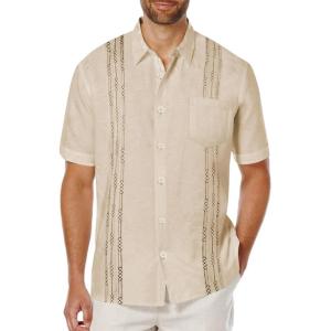 COOFANDY Mens Cuban Guayabera Shirt Short Sleeve Linen Button Down Shirts Casual Summer Beach Tops(Khaki)