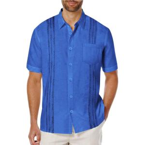 COOFANDY Mens Cuban Guayabera Shirt Short Sleeve Linen Button Down Shirts Casual Summer Beach Tops(Royal Blue)