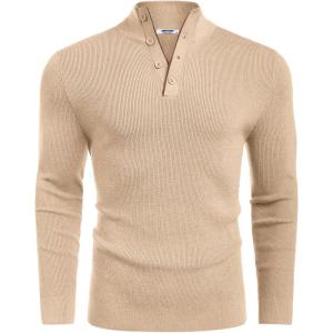 COOFANDY Men’s Quarter Button Sweater Mock Neck Textured Knitted Pullover(Beige)