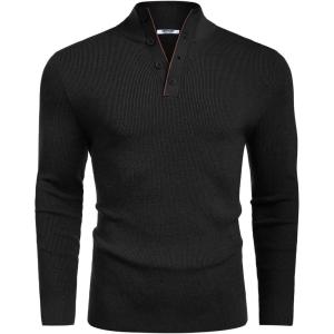 COOFANDY Men’s Quarter Button Sweater Mock Neck Textured Knitted Pullover(Black)