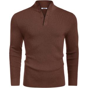 COOFANDY Men’s Quarter Button Sweater Mock Neck Textured Knitted Pullover(Coffee)