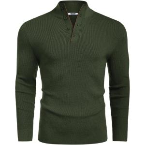 COOFANDY Men’s Quarter Button Sweater Mock Neck Textured Knitted Pullover(Dark Army Green)