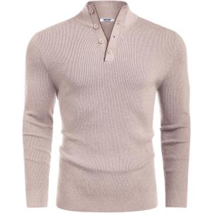 COOFANDY Men’s Quarter Button Sweater Mock Neck Textured Knitted Pullover(Khaki)