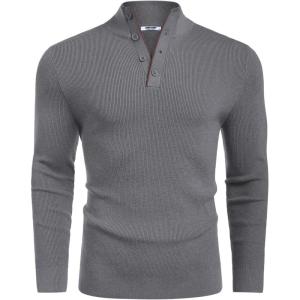 COOFANDY Men’s Quarter Button Sweater Mock Neck Textured Knitted Pullover(Medium Gray)
