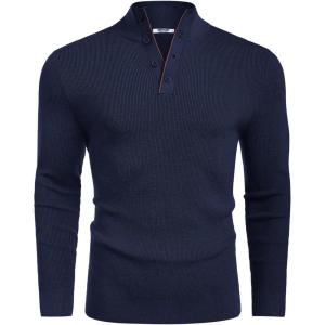 COOFANDY Men’s Quarter Button Sweater Mock Neck Textured Knitted Pullover(Navy Blue)