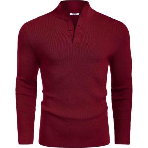 COOFANDY Men’s Quarter Button Sweater Mock Neck Textured Knitted Pullover(Wine Red)