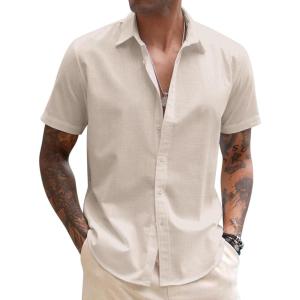 COOFANDY Mens Shirt Casual Button Down Short Sleeve Shirt Summer Cotton Linen Beach Shirts(Champagne)