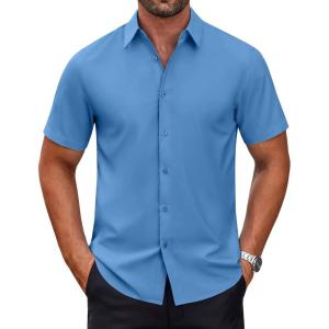 COOFANDY Mens Short Sleeve Dress Shirts Wrinkle Free Casual Button Down Shirts Summer Untucked Dress Shirt(Blue)