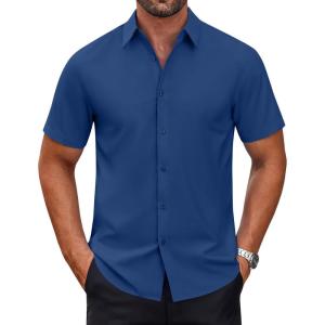 COOFANDY Mens Short Sleeve Dress Shirts Wrinkle Free Casual Button Down Shirts Summer Untucked Dress Shirt(Denim Blue)