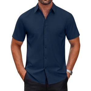 COOFANDY Mens Short Sleeve Dress Shirts Wrinkle Free Casual Button Down Shirts Summer Untucked Dress Shirt(Navy Blue)