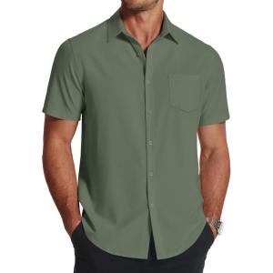 COOFANDY Men’s Short Sleeve Dress Shirts Wrinkle Free Regular Fit Dress Shirt Textured Casual Button Down Shirts(Army Green)